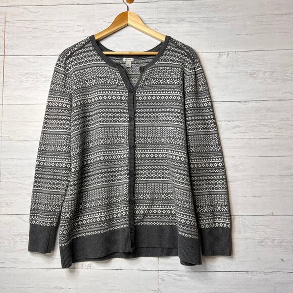 L.L. Bean Sweater Womens Size XL Reg Gray & White Fair Isle Cotton & Cashmere - Picture 1 of 16